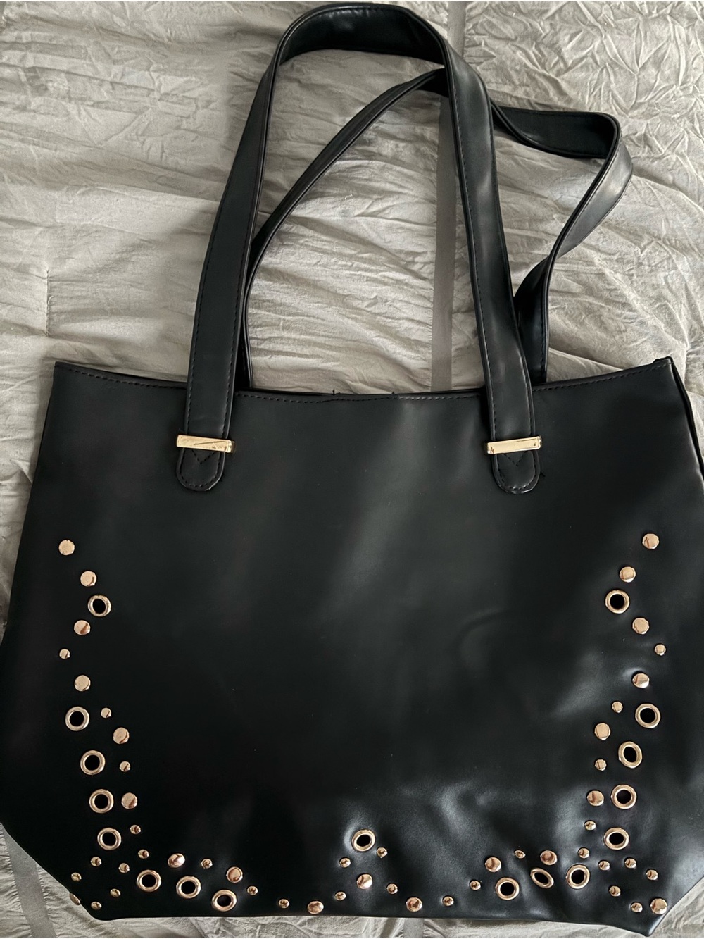 Black Tote Bag with Gold Eyelet Accents